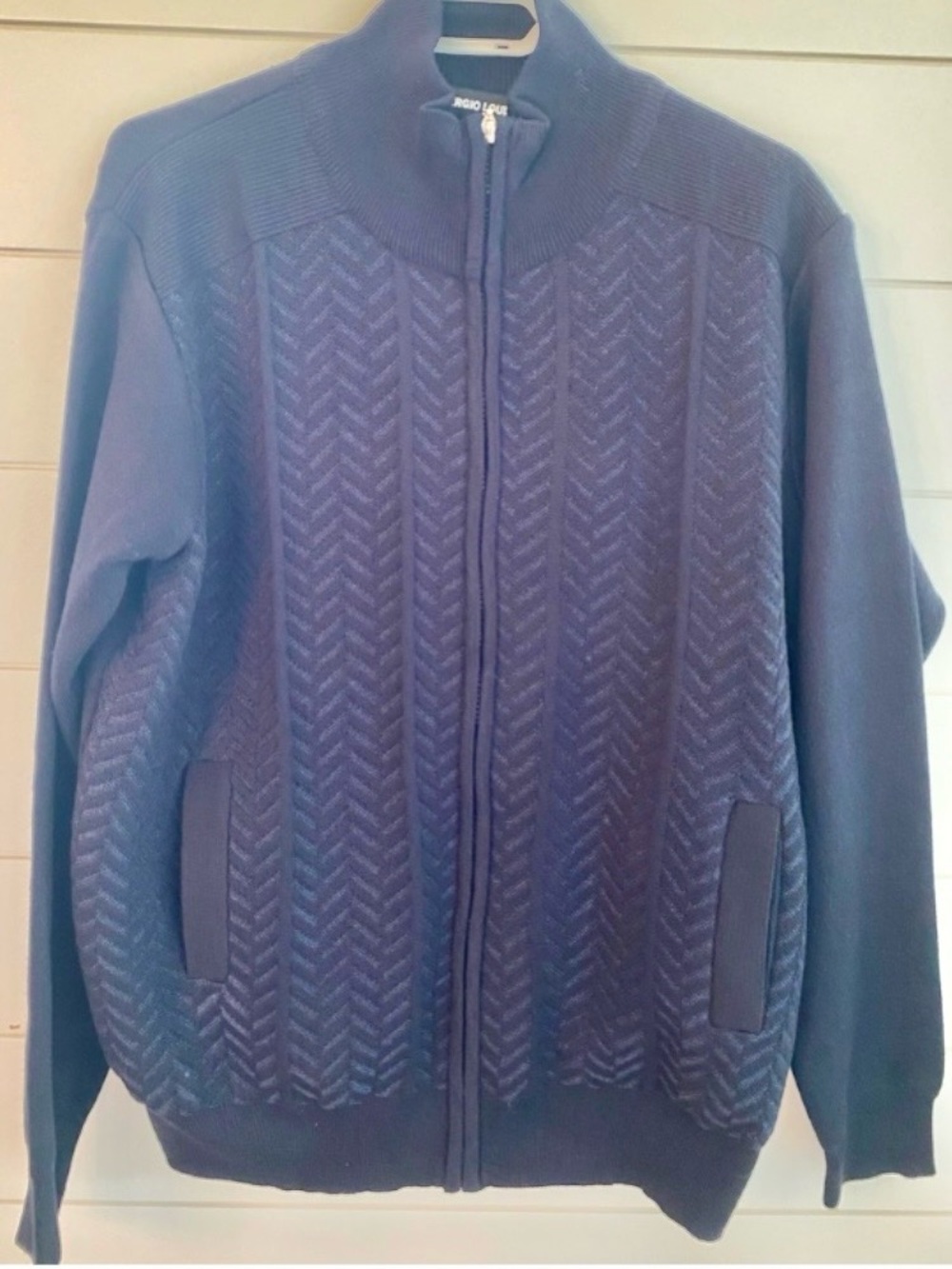 Mens Preppy Academia Blue Textured Zip Cardigan LG Eclectic Grandpa Wool Blend
